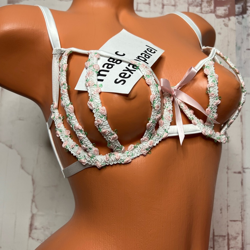 VS LUXE 32 34 36 EMBROIDERY APPLIQUÉ OPEN CUP BRA BONED FLORAL SATIN BOW